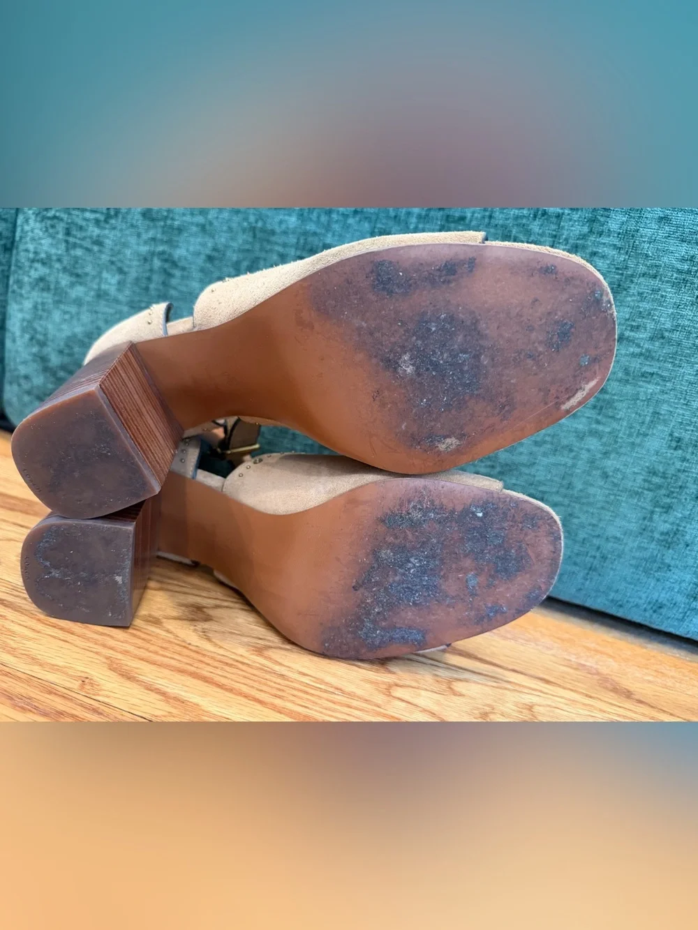 COACH Marnie Suede Block Heel Sandals Women’s 9.5 Tan Ankle Strap Heels w Box